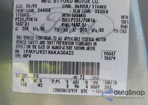 2006 Ford Escape Xlt/Xlt Sport z USA, uszkodzony, nr VIN 1FMYU931X6KA30423